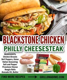 an advertisement for the black stone chicken phily cheesesteak sandwich is shown in this ad