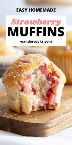 strawberry muffins on a cutting board with text overlay