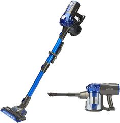 a blue and silver cordless stick vacuum with its head on the ground next to it