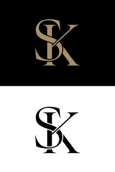 two letter s and k logos, one black and white with gold letters on it