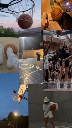 collage of basketball players and their equipment in various photos, including the ball being thrown into the hoop