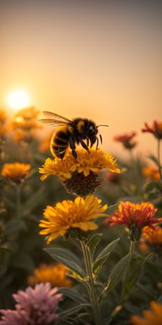 a bee sitting on top of a yellow and red flower next to the sun in the sky