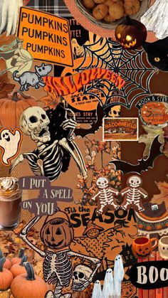 halloween collage with pumpkins, jack - o - lanterns and skeletons