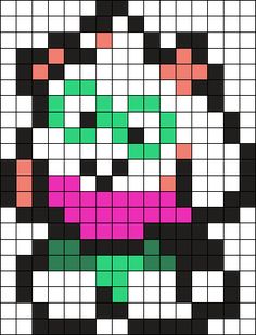 an image of a cross stitch pattern that looks like the face of a cat with pink and green eyes