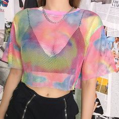 Material: 95% polyester 5% spandex Tshirt Crop, Tshirt Crop Top, Tie Dye Rainbow, Colorful Crop Tops, Streetwear Shorts, Mesh Crop Top, Streetwear Tops, Mix Color, Rainbow Color