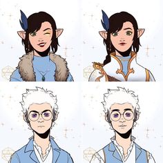 four different avatars with white hair and glasses on their faces, one in blue