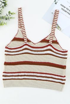 Beige Striped Knitted V Neck Tank Top Striped Open Knit Top, Striped Knit Tops For Vacation, Brown Open Knit Top, Brown Knitted Crochet Top For Summer, Brown Knit Crochet Top For Summer, Knitted Striped V-neck Top, Brown Crochet Knit Tops, Beige Knit Top, Floral Print Chiffon Dress