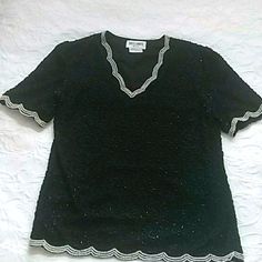 Black Silk With Black Beads On Front And Back. Edged At Neck, Sleeves And Bottom With Three Rows Of White Pearls. No Beads Missing. Never Worn. Short-Sleeved Blouse. Made In India. Smoke Free Pet Free Elegant Beaded Short Sleeve Tops, Elegant Beaded Black Tops, Elegant Black Beaded Top, Elegant Beaded V-neck Tops, Glamorous Black Beaded Tops, Fitted Black Beaded Blouse, Evening Tops, Black Silk, Black Beads