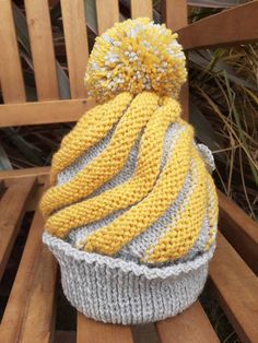 Hand knitted childs swirl bobble hat with hanging discs to the rear. In sparkling grey/sparkling mustard yarn. Detailed Hanging discs to the rear with a pear bead centre. Comes in 4 sizes. Pictured is the larger childs hat. Bobble Hat, Bobble Hats, Skull Cap Beanie, Skull Cap, Vintage Look, Vintage Looks, Caps Hats, Hand Knitting, Swirl