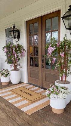 front porch with potted plants and welcome mat on wood flooring, lantern light hanging over door