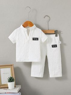 Classic Casual Knitted Short Sleeve Top And Long Pant Set For Baby Boys White   Short Sleeve Knitted Fabric Colorblock,Letter  Medium Stretch  Baby Boys Clothing, size features are:Bust: ,Length: ,Sleeve Length: Boys Set, Classic Casual, Knit Shorts, Boys Clothing, Pant Set, White Fabric, White Collar, Long Pants, Short Sleeve Top