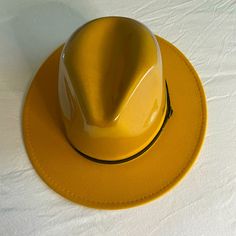 Cowboy Hat New Without Tags Casual Party Cap, Casual Brimmed Sun Hat For Party, Yellow Fedora Hat For Fall, Casual Party Hats With Curved Brim, Casual Party Hat With Curved Brim, Casual Fedora With Short Brim For Party, Trendy Yellow Brimmed Hat, Casual Wide Brim Hats For Parties, Casual Curved Brim Party Hat