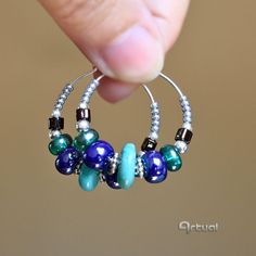 Blue beaded hoop earrings - Aniko Hencz art Seed Beads Earrings, Spanish Decor, Geometric Fashion, Printed Jewelry