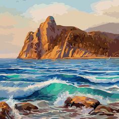 a painting of the ocean with rocks and waves in front of an orange rock formation