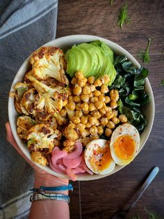 a bowl filled with different types of food on top of a wooden table next to a person's hand