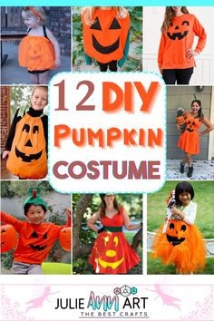 pumpkin costumes for kids with text overlay that says, 12 diy pumpkin costume