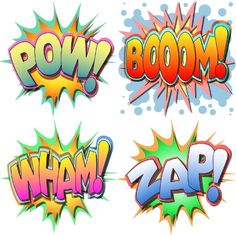 set of comic style speech bubbles with boom, boom and whap on white background