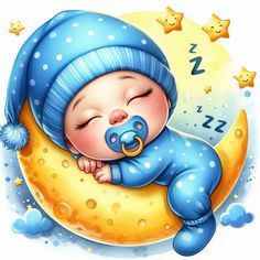 a baby sleeping on the moon wearing a blue hat