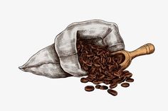 coffee beans spilling out of a bag on top of a wooden scoop with a sack in it