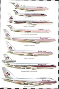 four different types of airplanes are shown in this diagram, with the names and numbers on them