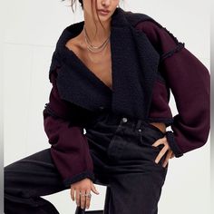 Sherpa Lined Drop Shoulder Elastic Waistband On Back Exaggerated Shawl Collar Slouchy Fit Bottom Front Boxy Silhouette Bust: 25 Inches Shoulder: 30 Inches Sleeve Length: 20 Inches Length: 21 Inches Free People Jacket, Oversized Style, Sherpa Lined, Shawl Collar, Purple And Black, Drop Shoulder, Shawl, Free People, Long Sleeve Blouse