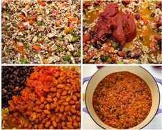 four different pictures with food in them including beans, rice and meats on the table