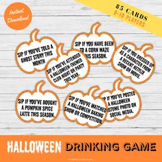 halloween drinking game for kids with pumpkins and words on the front, in orange and white