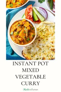 the instant pot mixed vegetable curry is served on a white plate with sliced cucumbers