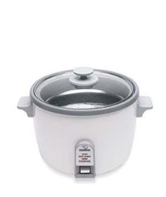 an electric rice cooker on a white background with the lid up and buttons down