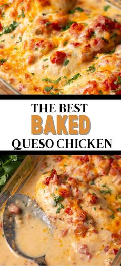 Collage of baking dish full of queso chicken and top and bottom. Baked Queso, Queso Chicken, Chicken Main Dish Recipes, Chicken Healthy, Chicken Main Dishes, Chicken Meals, Winner Winner Chicken Dinner, Dinner Easy