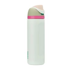 thermos insulated water bottle in white with pink trim is shown against a white background