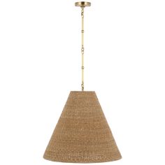 a light hanging from the ceiling with a beige fabric shade on it's side