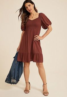 Sweetheart Bubble Short Sleeve Mini Dress | maurices Casual Knee-length Dress, Trendy Solid Color Cotton Dresses, Fall Puff Sleeve Knee-length Dress For Day Out, Knee-length Cotton Ruched Mini Dress, Summer Midi-length Puff Sleeve Dress In Solid Color, Casual Puff Sleeve Dress For Fall, Casual Flowy Solid Color Mini Dress, Brown Dresses For Spring, Brown Solid Color Dress For Spring