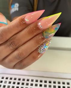 Stiletto Nails Designs Spring, Bright Stiletto Nails, Coffin And Stiletto Nails Together, Bright Glitter Nails, Stiletto Nails Designs Summer, Long Almond Acrylic Nails, Bright Summer Acrylic Nails