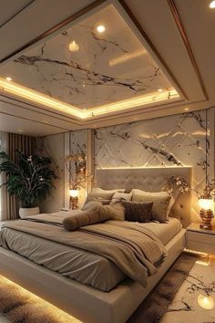 a bedroom with marble walls and lights on the ceiling