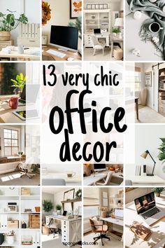 office decor collage with the words 13 very chic office decor in black and white