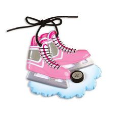 a pink roller skate ornament hanging from a string