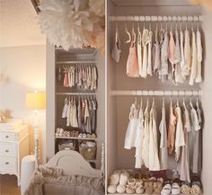 a baby's room with lots of clothes and toys on the shelves in it