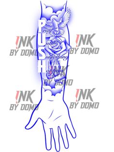 a hand with an eagle and rose tattoo on it's left arm, in blue ink