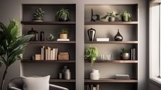 a living room filled with lots of bookshelves next to a large potted plant