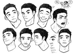 a bunch of different facial expressions on a man's face, including the head and shoulders