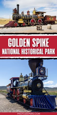 the golden spike national historical park is located in an open field with two trains on it