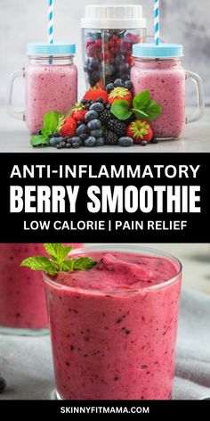 berry smoothie with blueberries, raspberries and mint leaves in the background