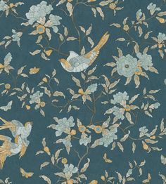 a blue wallpaper with flowers and birds on the top, one bird flying in the air