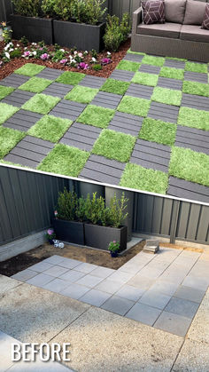 before and after photos of a patio with grass growing on the ground, in front of an outdoor seating area