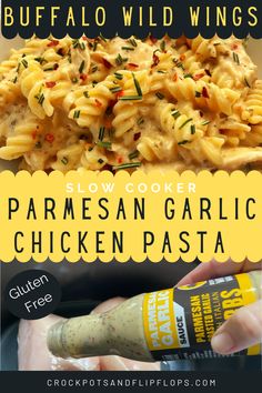 the ingredients for slow cooker parmesan garlic chicken pasta are shown in this collage