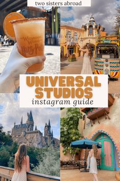 the universal studios instagram guide with images of buildings and people holding drinks in front of them