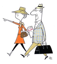 a drawing of two people walking down the street, one is holding a coffee cup