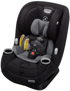 the child's car seat has two cups in it and is black with grey trim