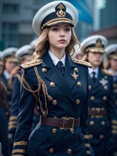 a woman in uniform is walking down the street with other uniformed people behind her and looking at the camera